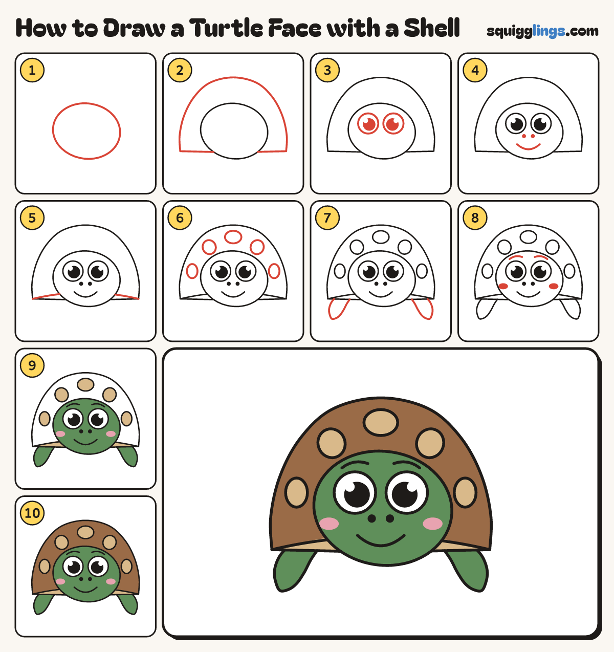 How to Draw a Turtle Face with a Shell step by step: all 10 steps in one picture