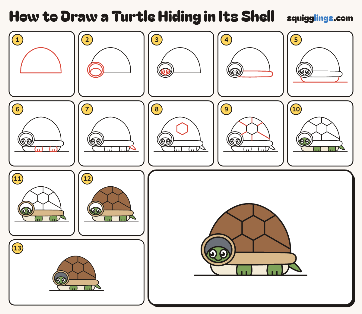 How to Draw a Turtle Hiding in Its Shell step by step: all 13 steps in one picture
