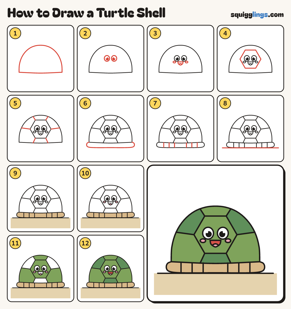 How to Draw a Turtle Shell step by step: all 12 steps in one picture