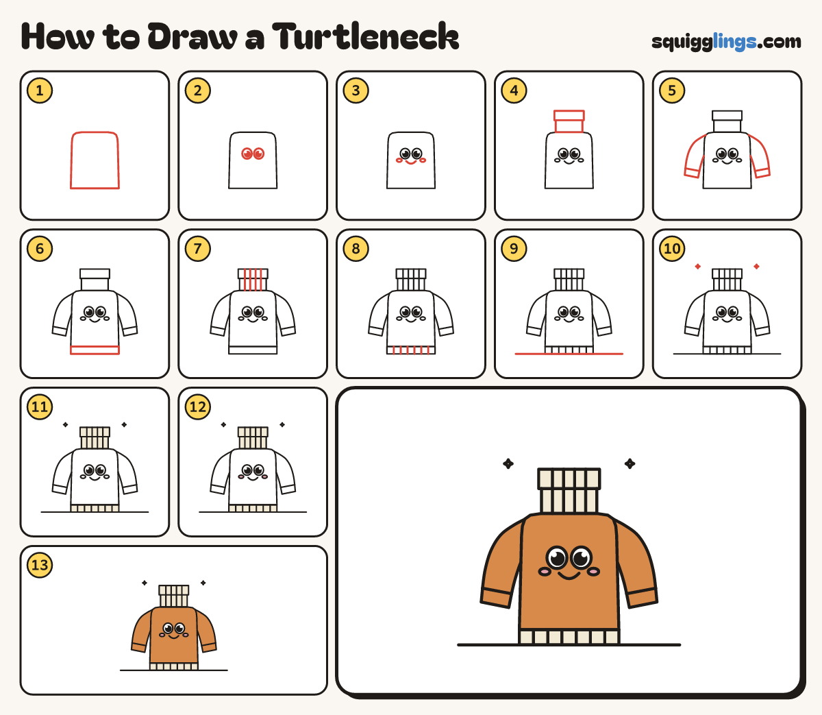 How to Draw a Turtleneck step by step: all 13 steps in one picture