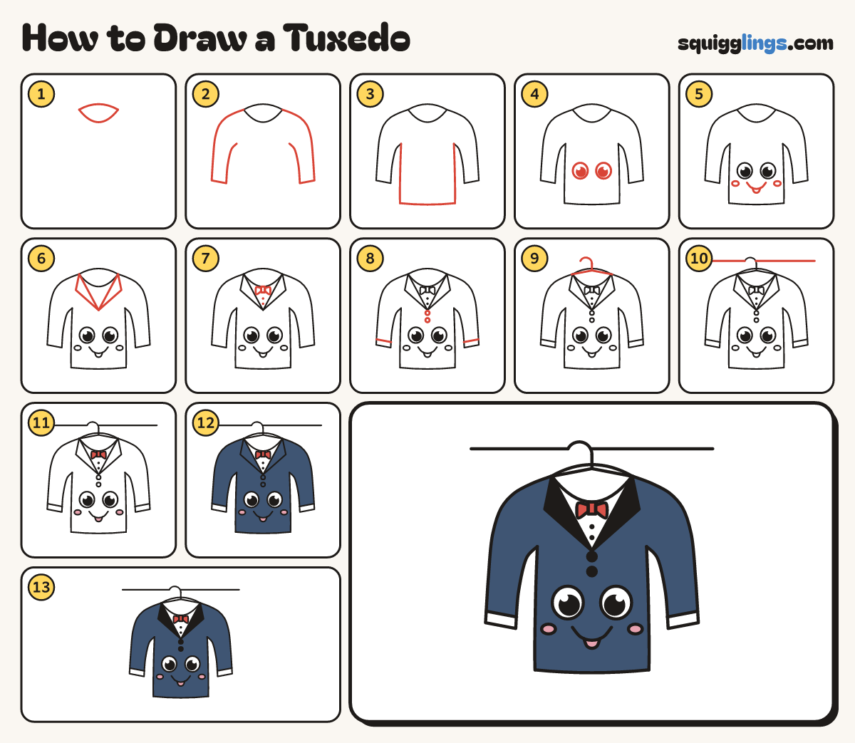 How to Draw a Tuxedo step by step: all 13 steps in one picture