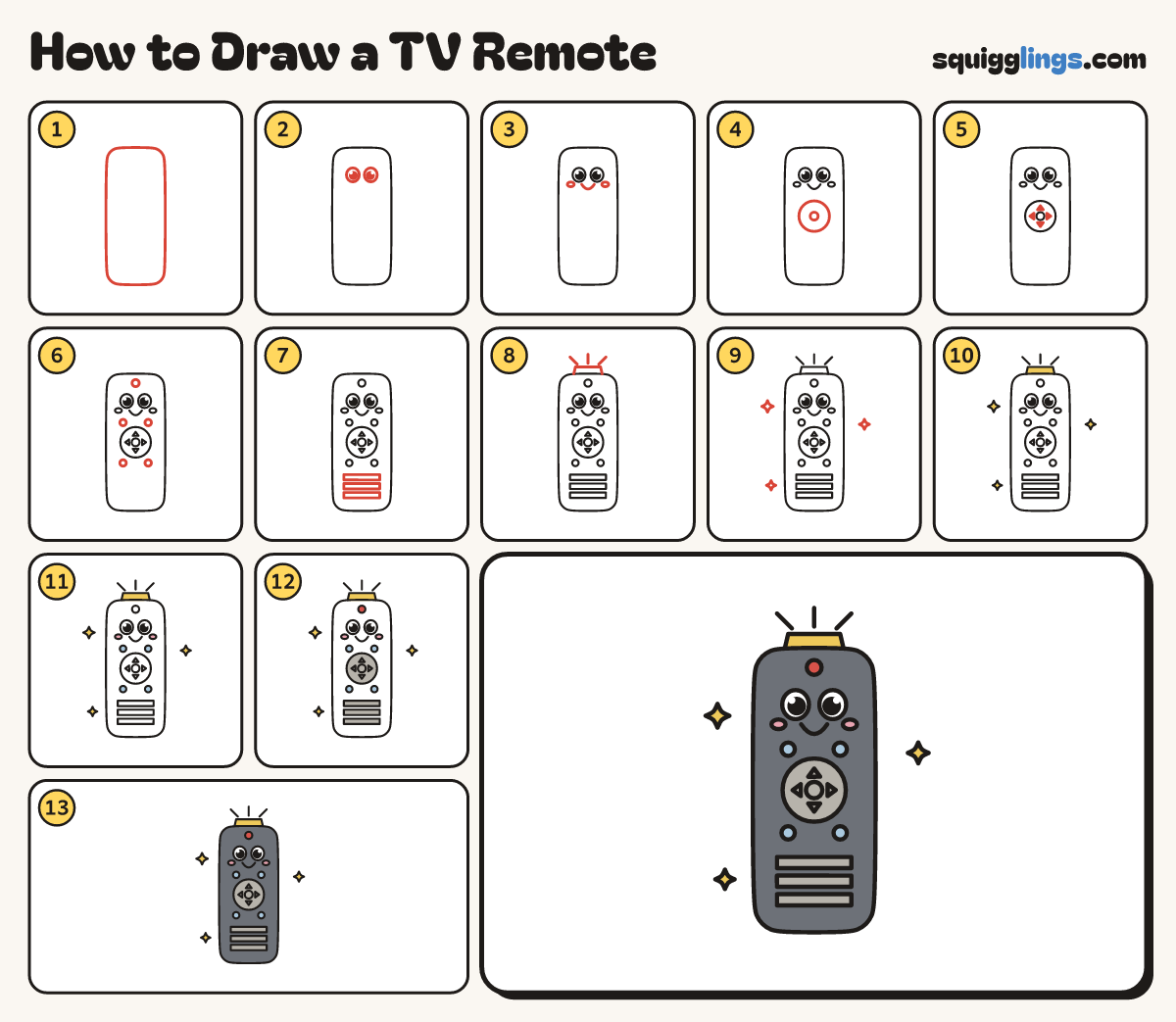How to Draw a TV Remote step by step: all 13 steps in one picture