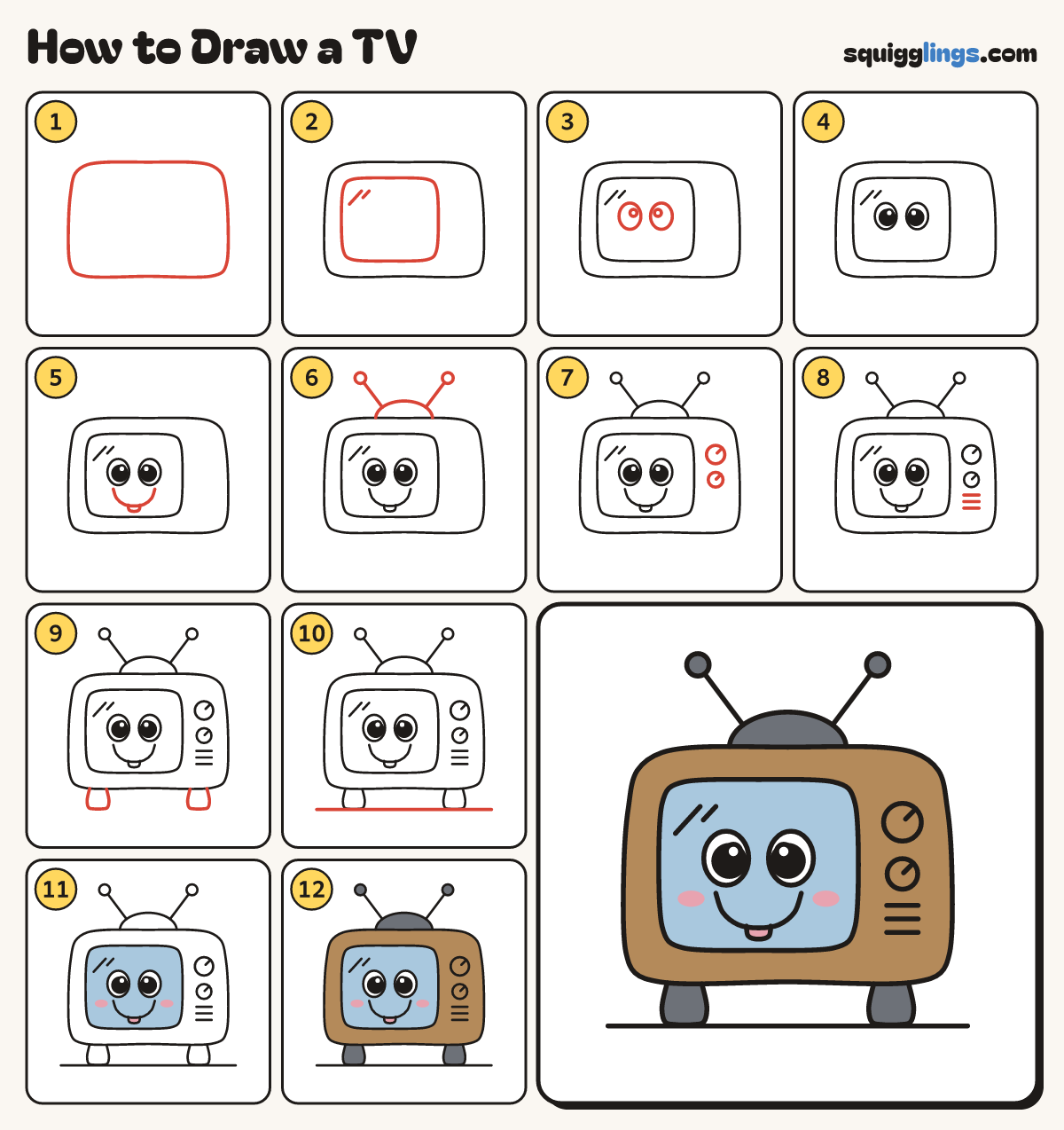 How to Draw a TV step by step: all 12 steps in one picture