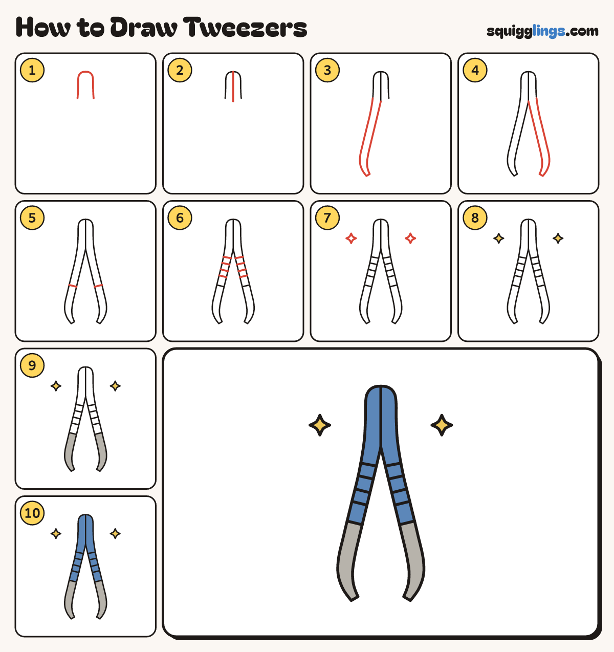 How to Draw Tweezers step by step: all 10 steps in one picture