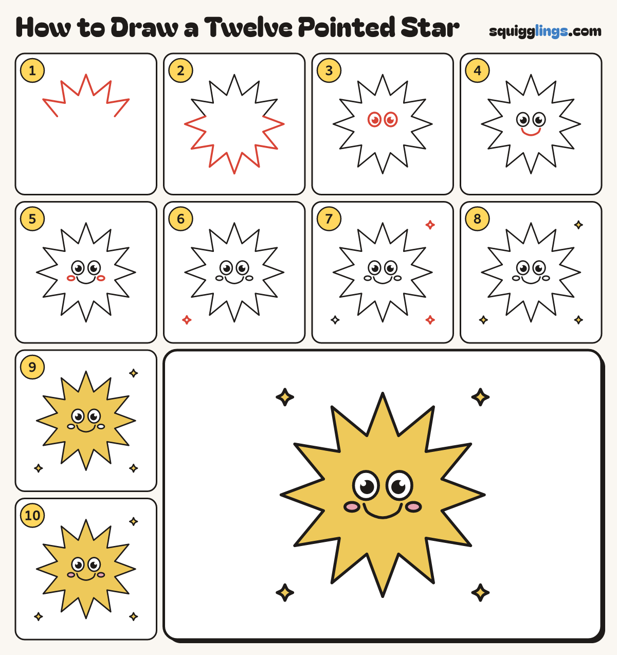 How to Draw a Twelve Pointed Star step by step: all 10 steps in one picture