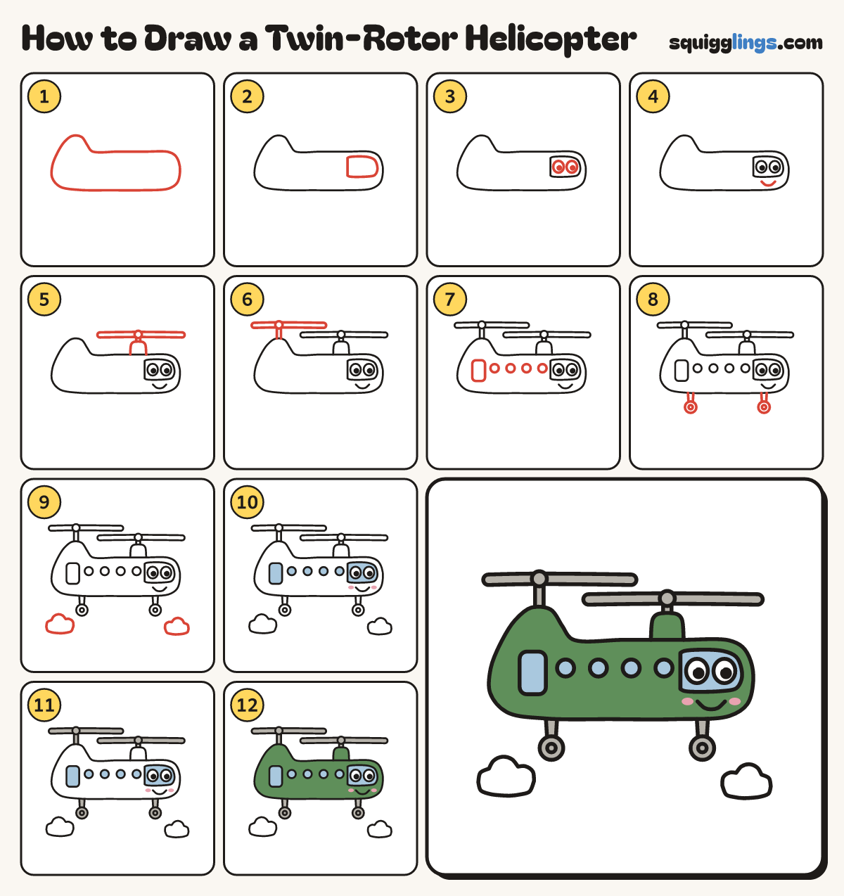 How to Draw a Twin-Rotor Helicopter step by step: all 12 steps in one picture