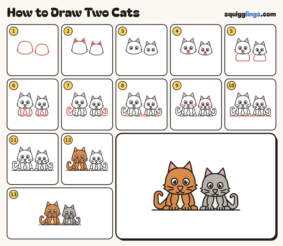 How to Draw Two Cats step by step: all 13 steps in one picture