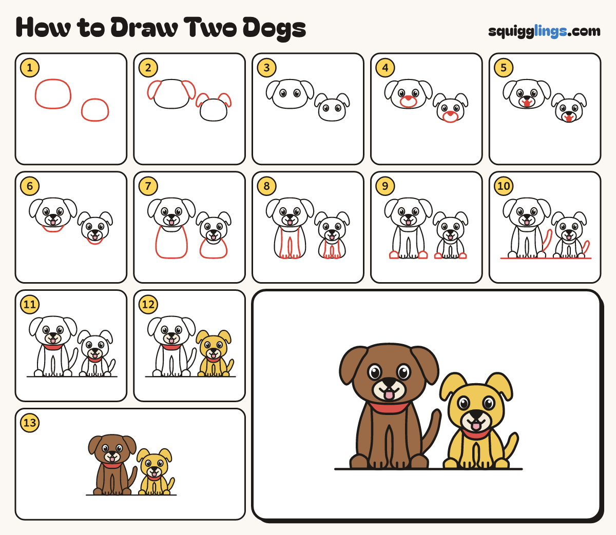 How to Draw Two Dogs step by step: all 13 steps in one picture