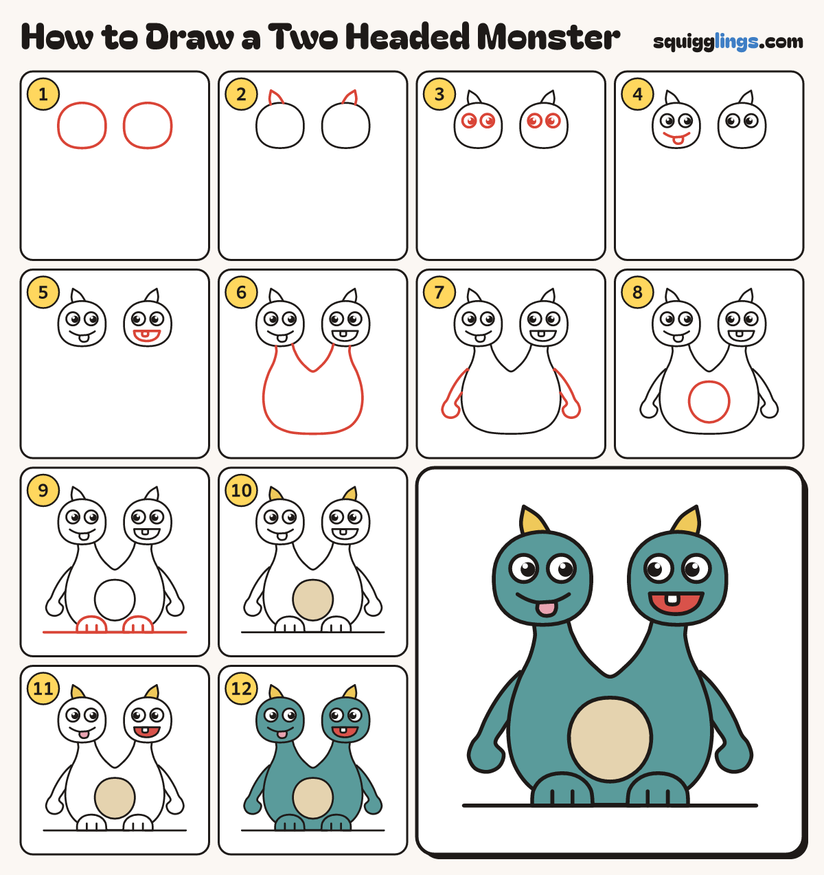 How to Draw a Two Headed Monster step by step: all 12 steps in one picture