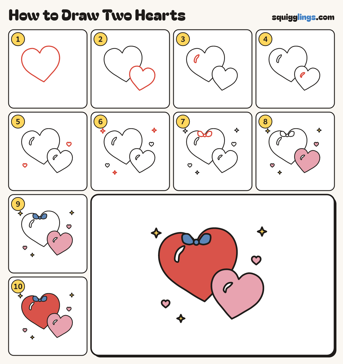 How to Draw Two Hearts step by step: all 10 steps in one picture