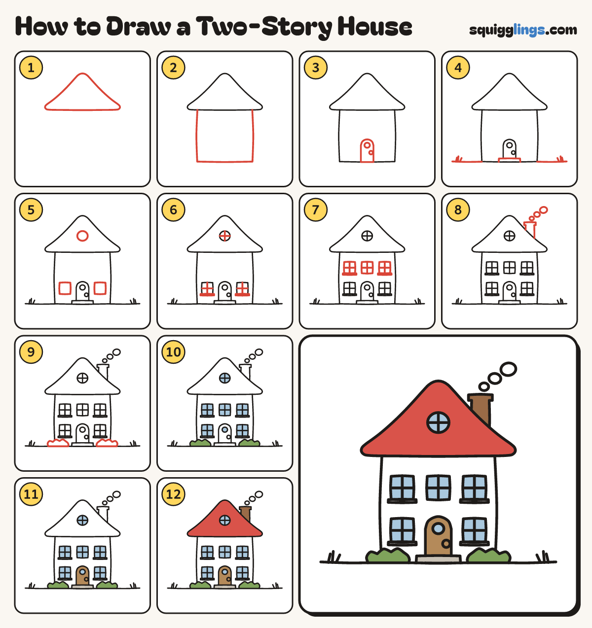 How to Draw a Two-Story House step by step: all 12 steps in one picture