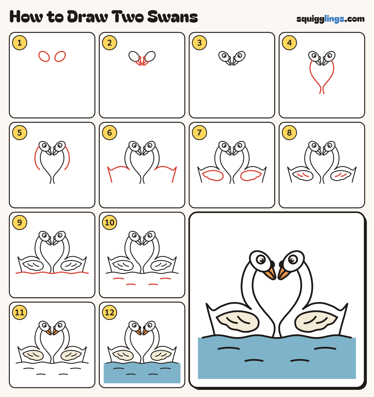 How to Draw Two Swans step by step: all 12 steps in one picture