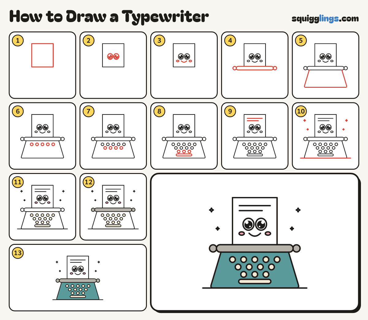 How to Draw a Typewriter step by step: all 13 steps in one picture