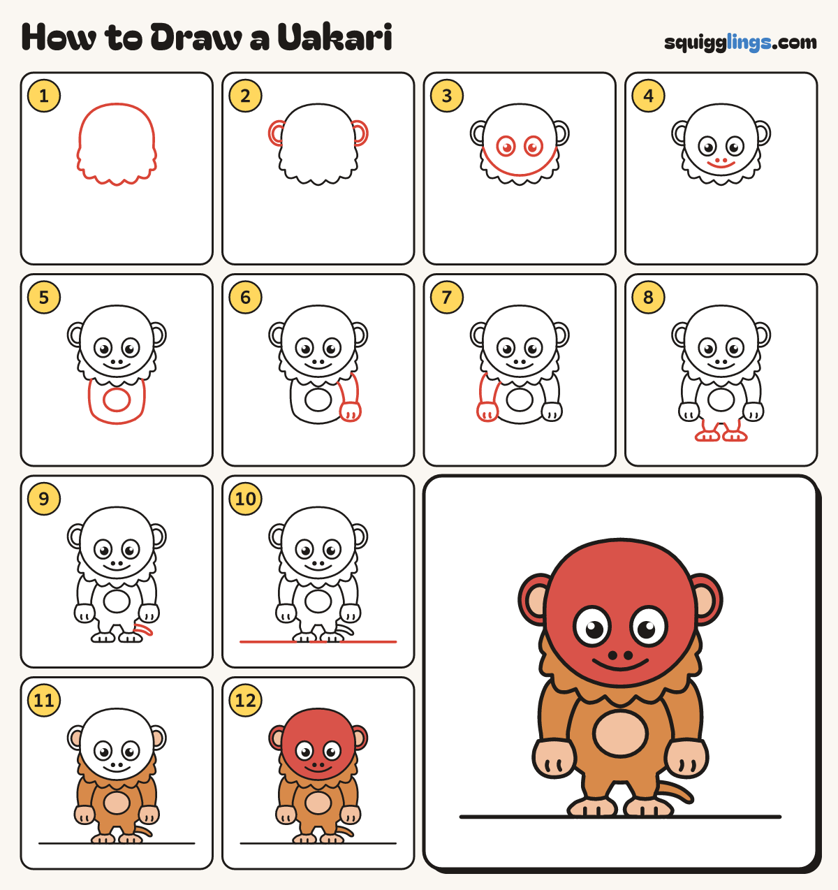 How to Draw a Uakari step by step: all 12 steps in one picture