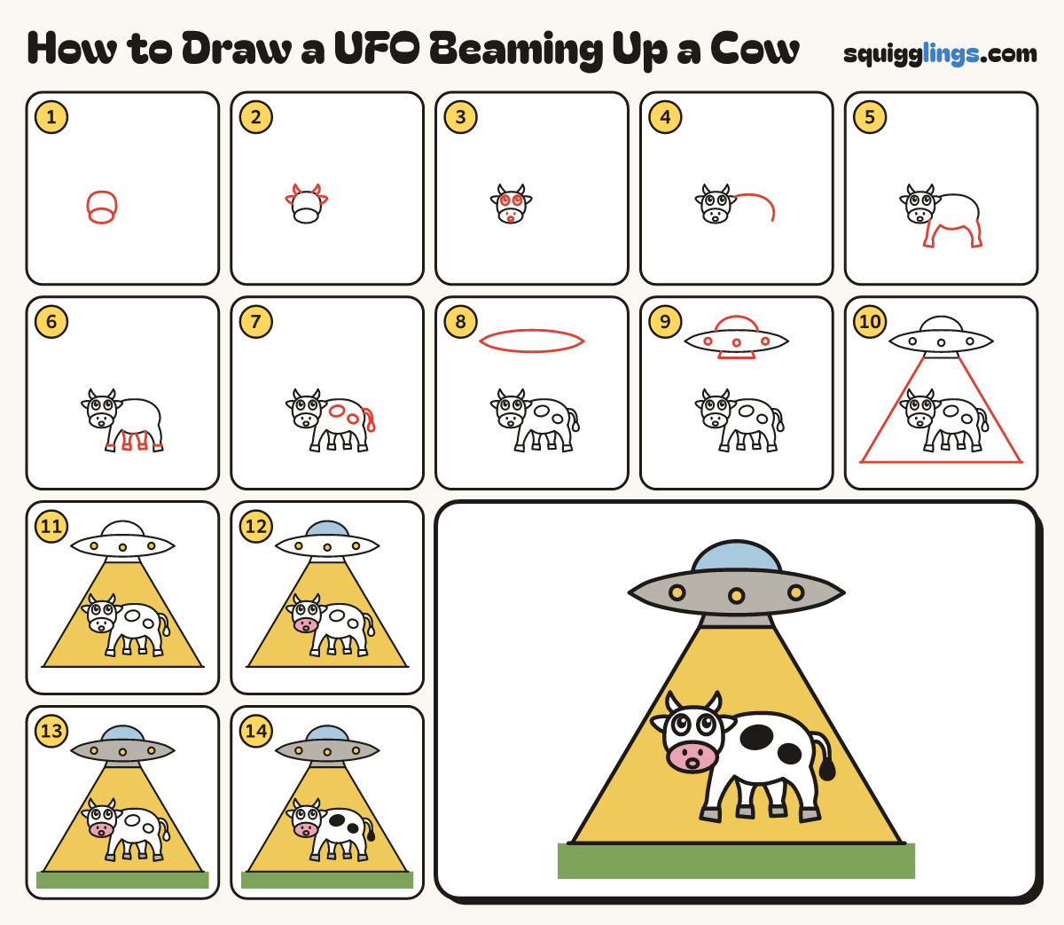 How to Draw a UFO Beaming Up a Cow step by step: all 14 steps in one picture
