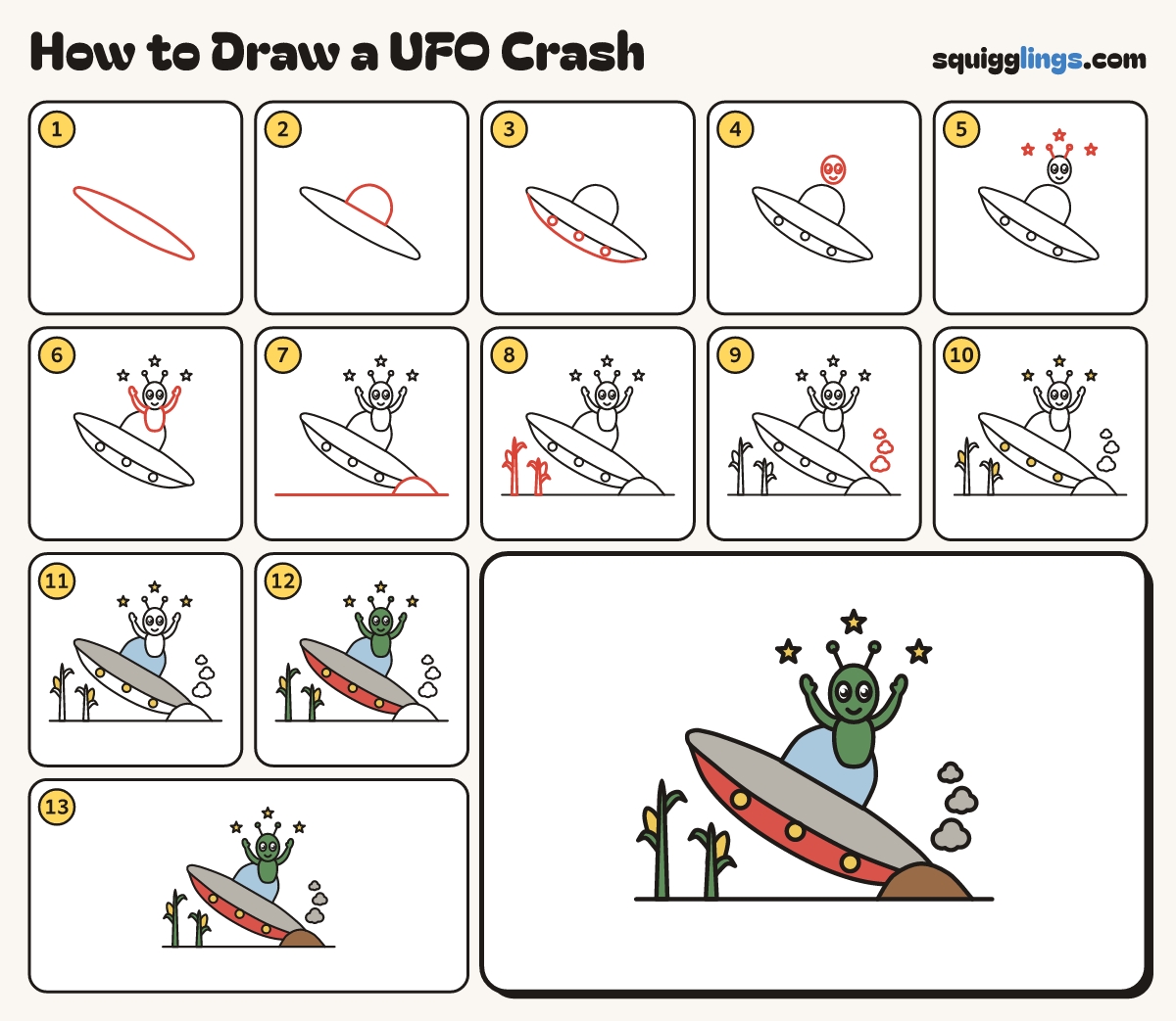 How to Draw a UFO Crash step by step: all 13 steps in one picture