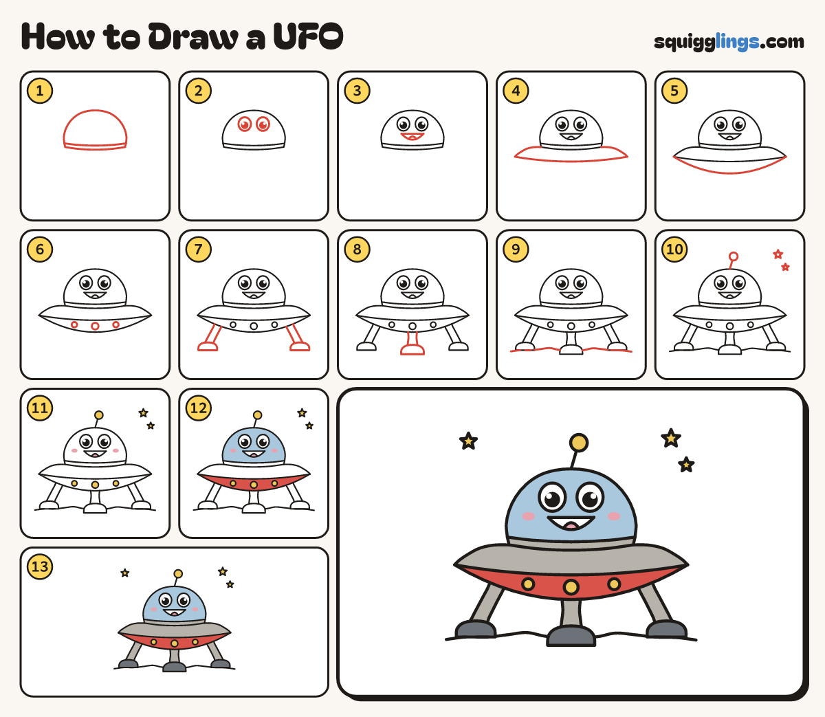 How to Draw a UFO step by step: all 13 steps in one picture