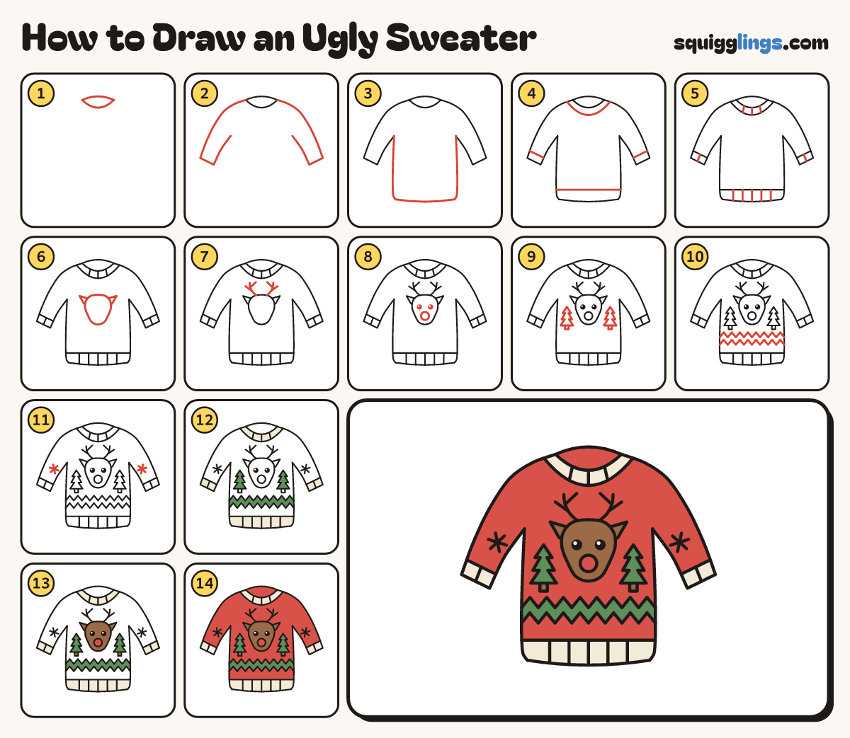 How to Draw an Ugly Sweater step by step: all 14 steps in one picture