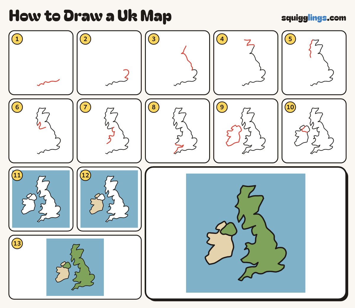 How to Draw a Uk Map step by step: all 13 steps in one picture