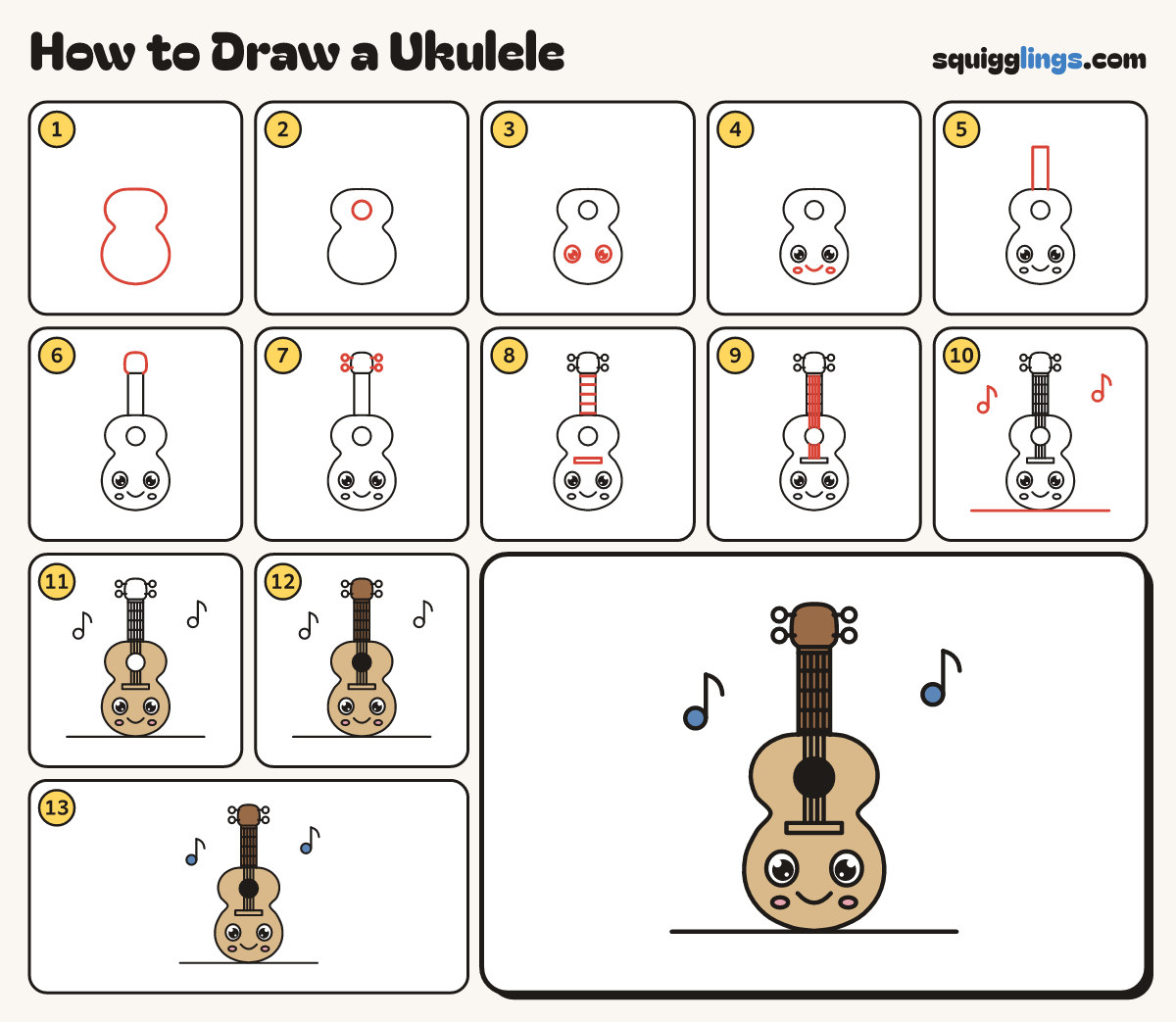 How to Draw a Ukulele step by step: all 13 steps in one picture