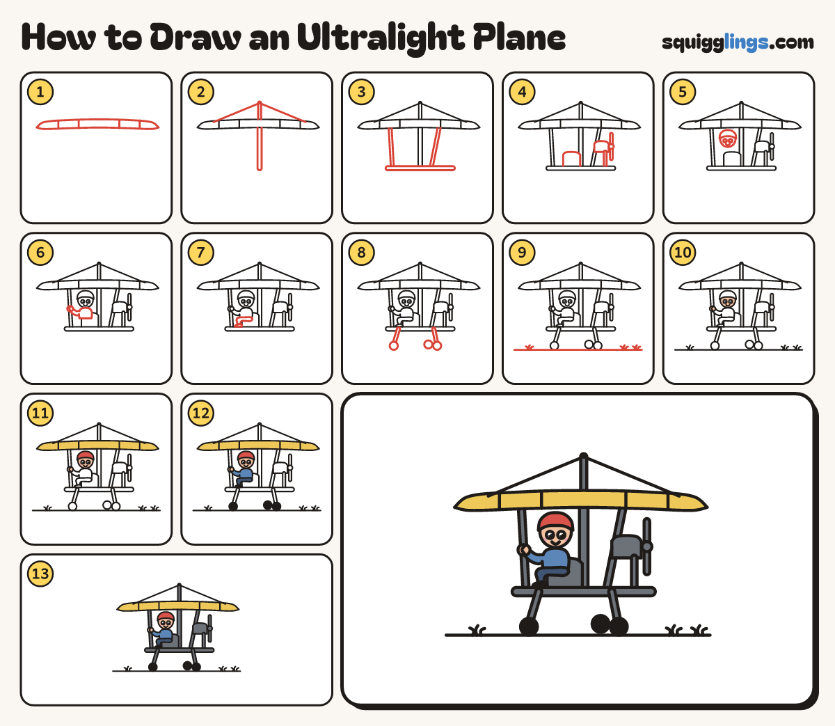How to Draw an Ultralight Plane step by step: all 13 steps in one picture