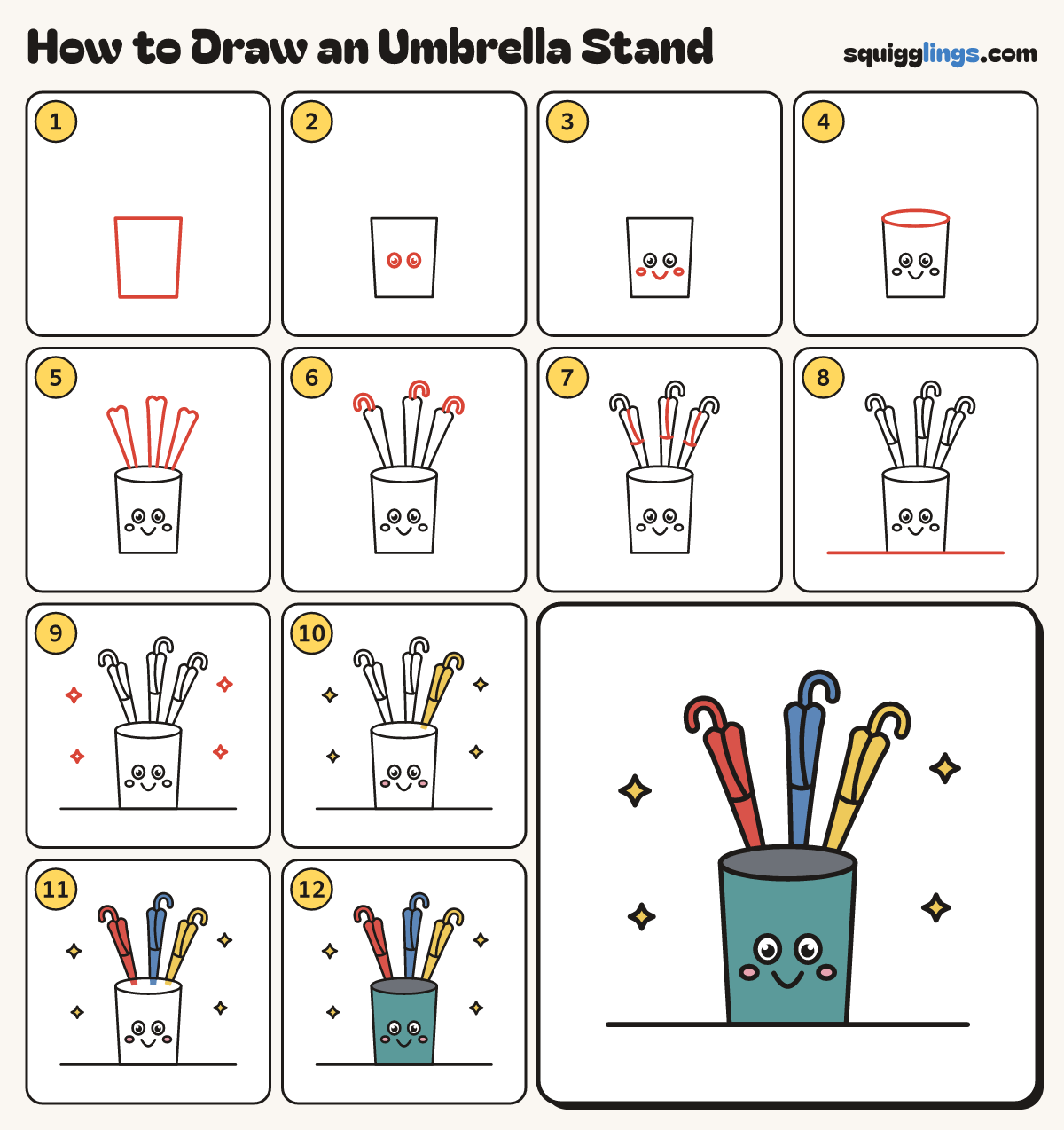 How to Draw an Umbrella Stand step by step: all 12 steps in one picture
