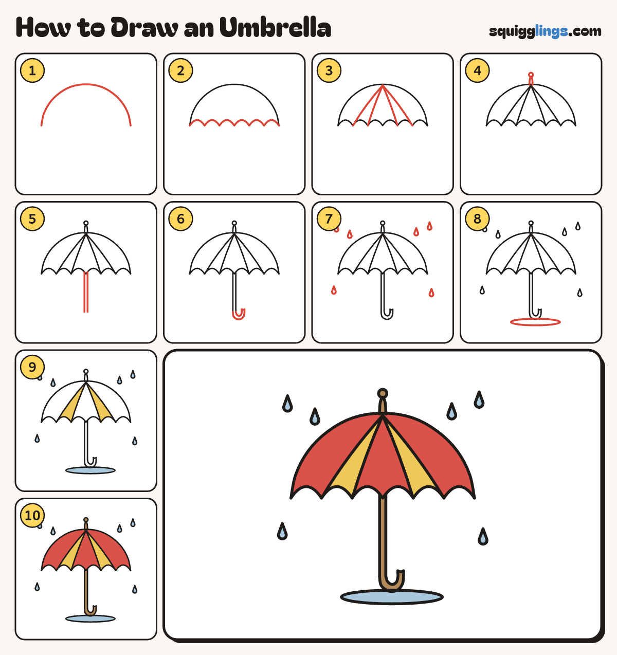 How to Draw an Umbrella step by step: all 10 steps in one picture