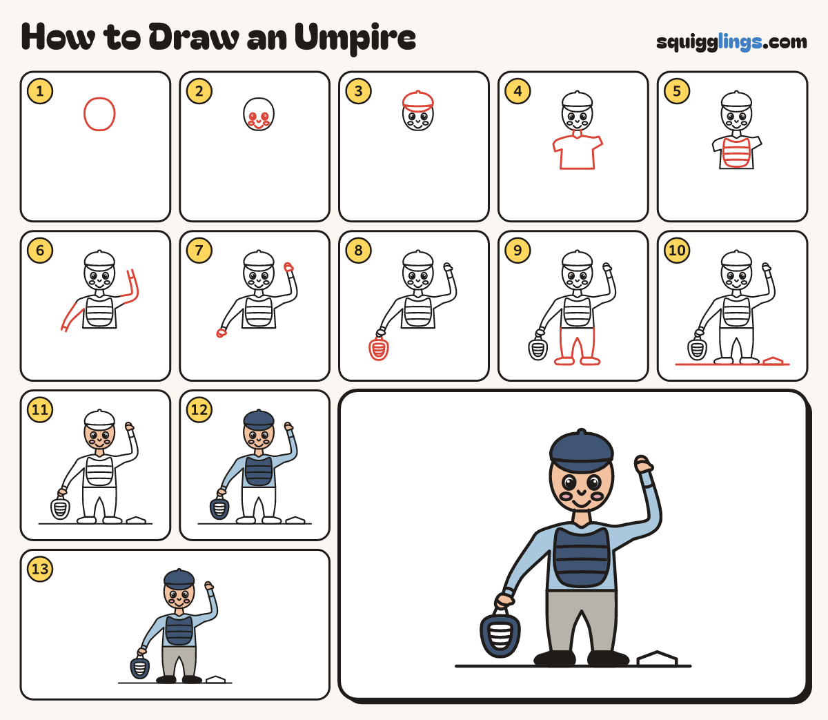 How to Draw an Umpire step by step: all 13 steps in one picture