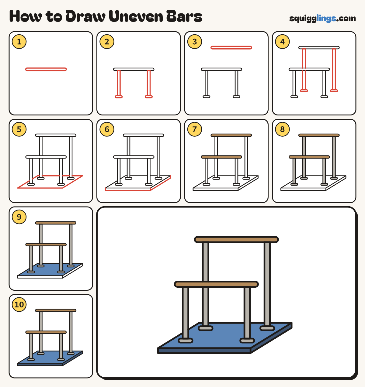 How to Draw Uneven Bars step by step: all 10 steps in one picture