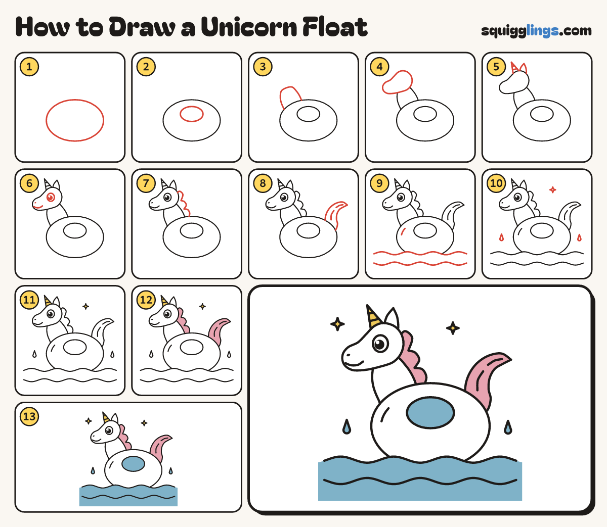 How to Draw a Unicorn Float step by step: all 13 steps in one picture