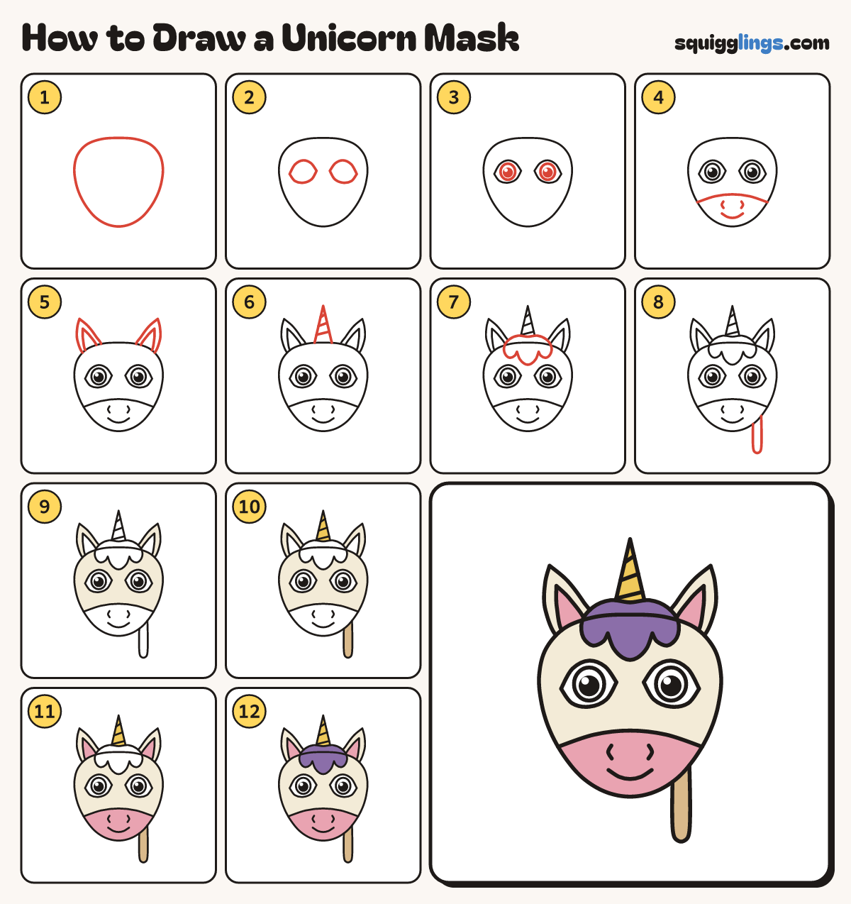 How to Draw a Unicorn Mask step by step: all 12 steps in one picture