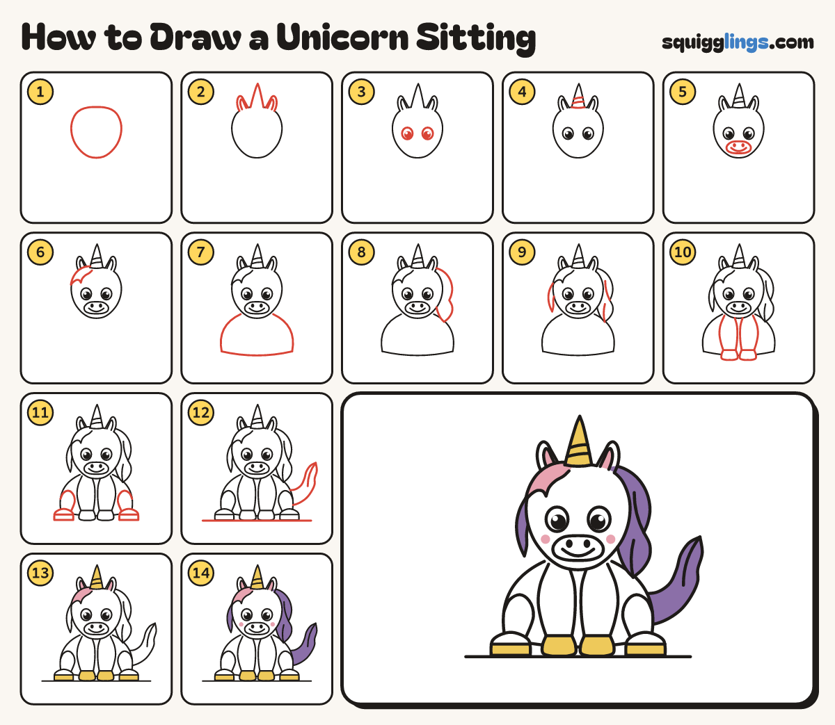 How to Draw a Unicorn Sitting step by step: all 14 steps in one picture