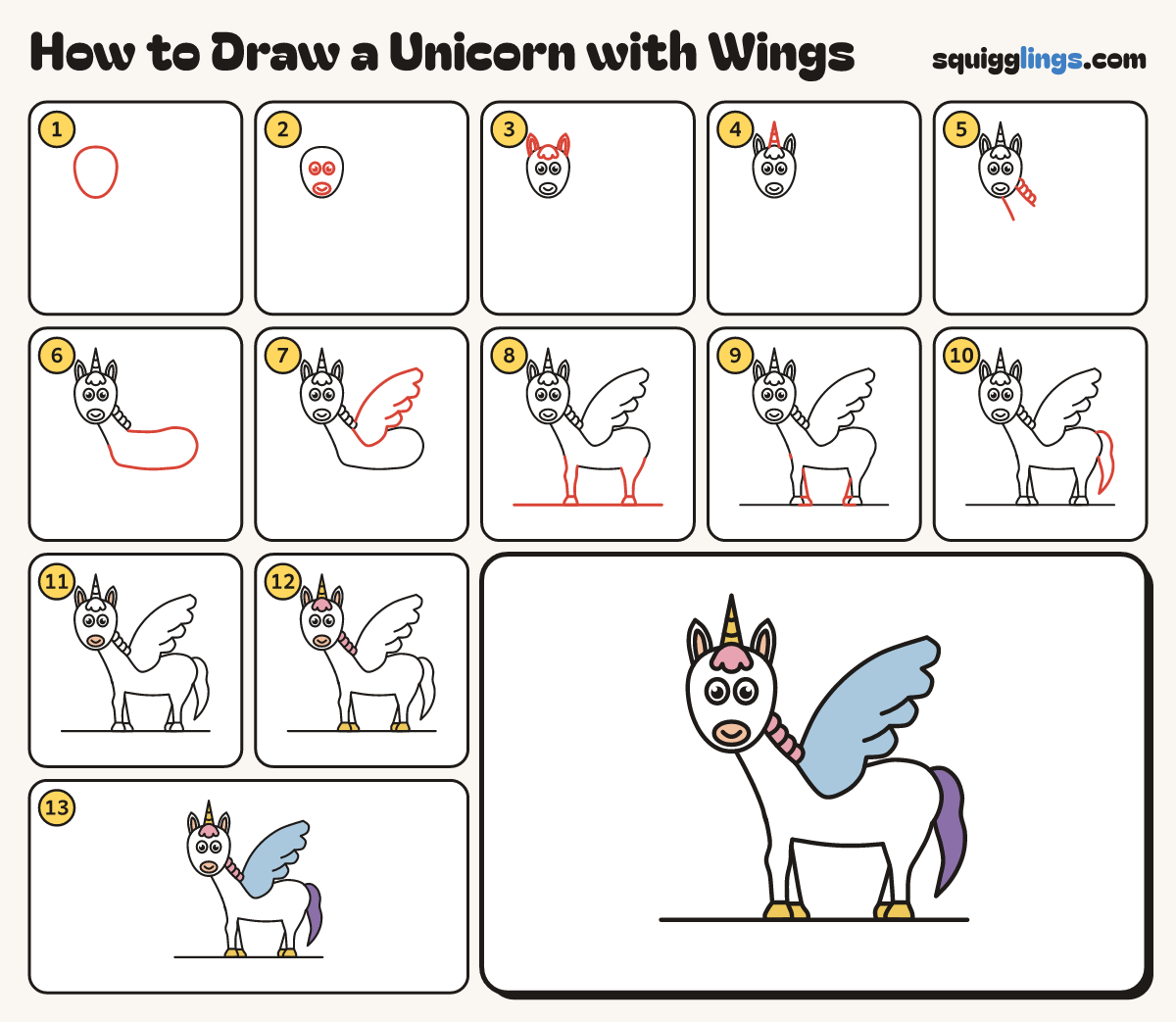 How to Draw a Unicorn with Wings step by step: all 13 steps in one picture