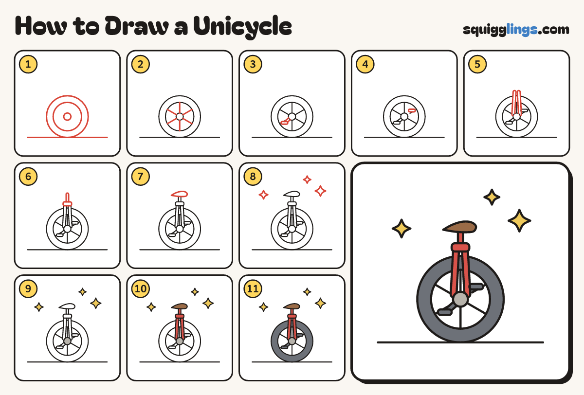 How to Draw a Unicycle step by step: all 11 steps in one picture