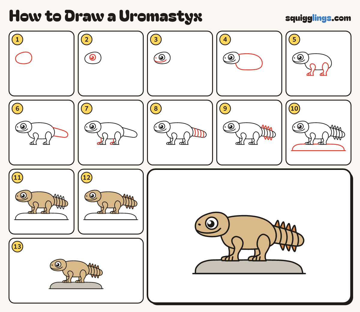 How to Draw a Uromastyx step by step: all 13 steps in one picture