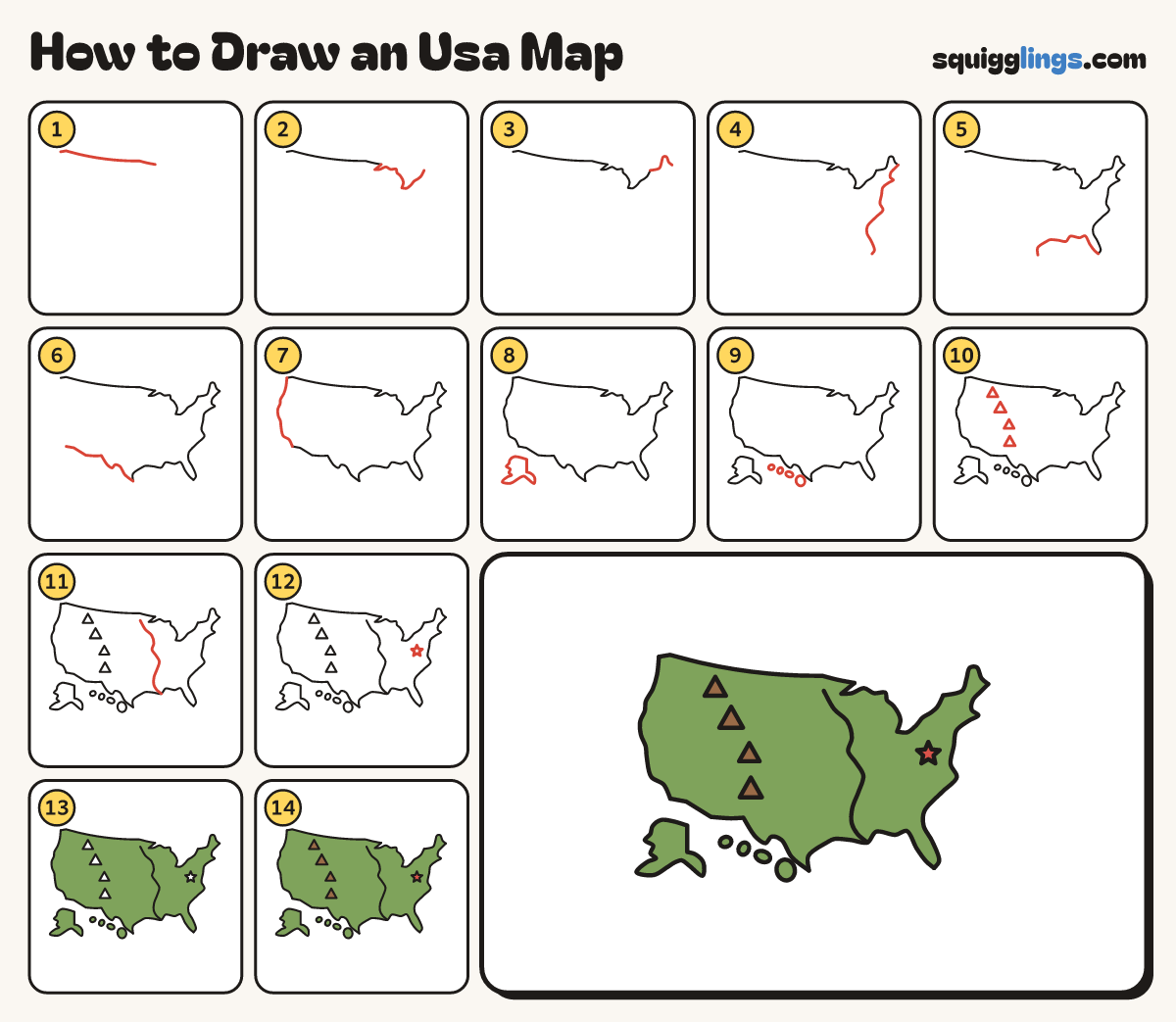 How to Draw an Usa Map step by step: all 14 steps in one picture