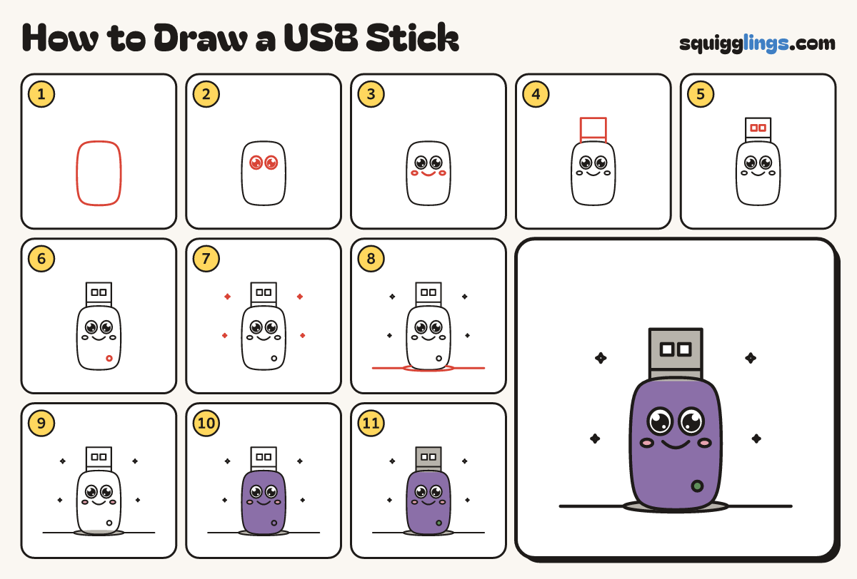 How to Draw a USB Stick step by step: all 11 steps in one picture
