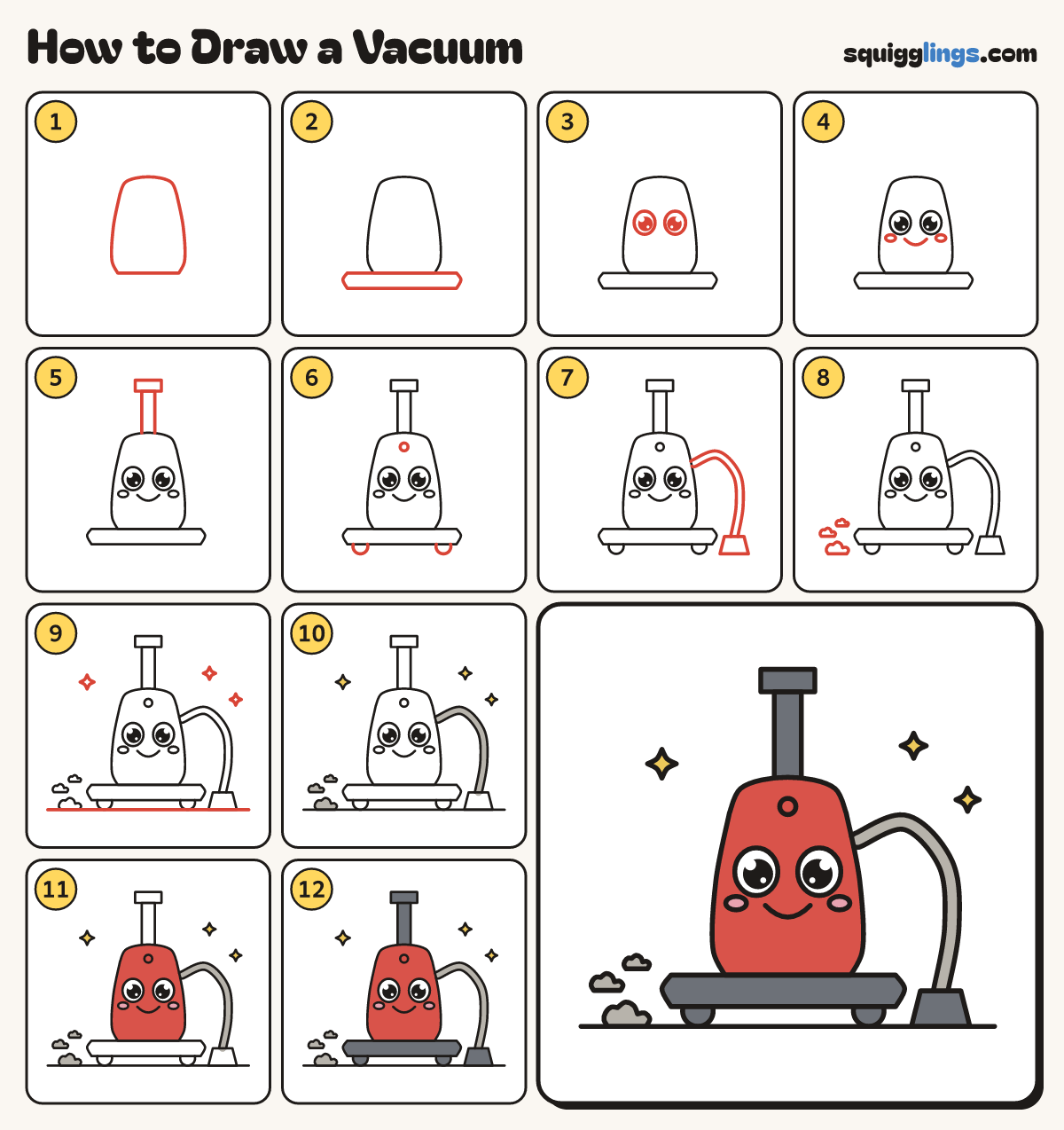 How to Draw a Vacuum step by step: all 12 steps in one picture
