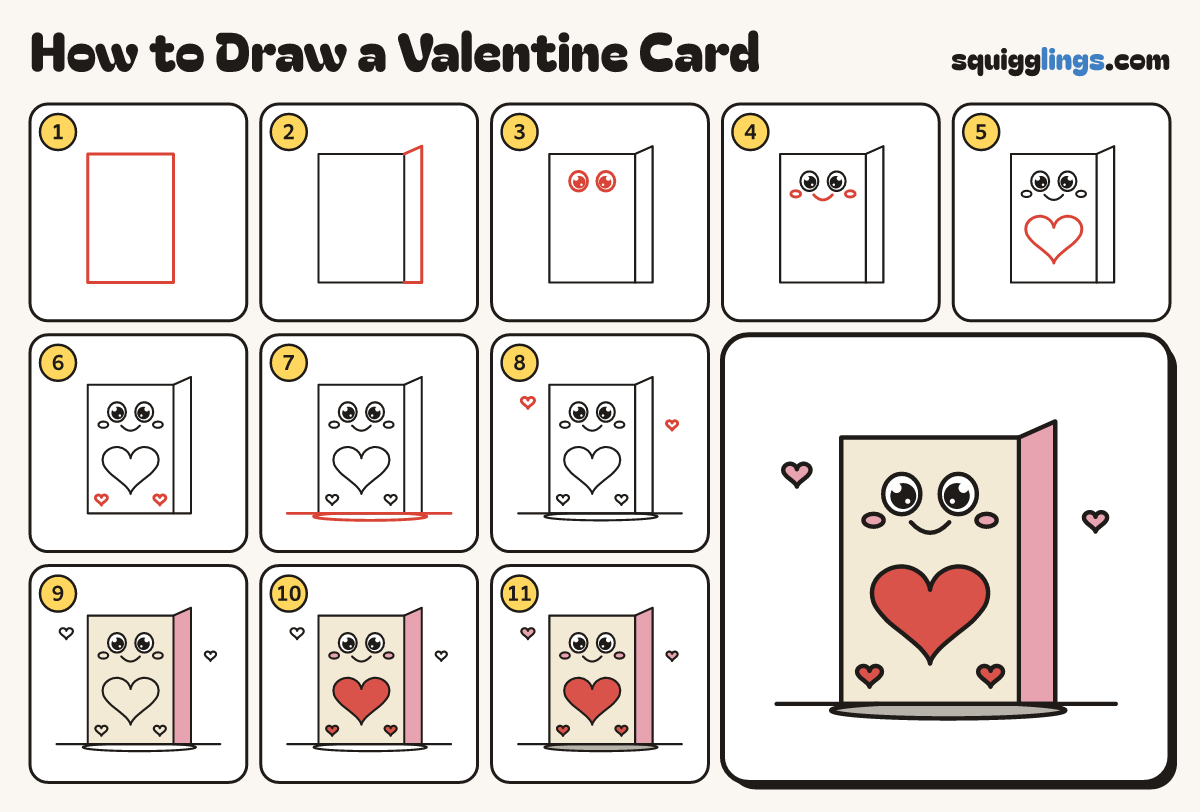 How to Draw a Valentine Card step by step: all 11 steps in one picture