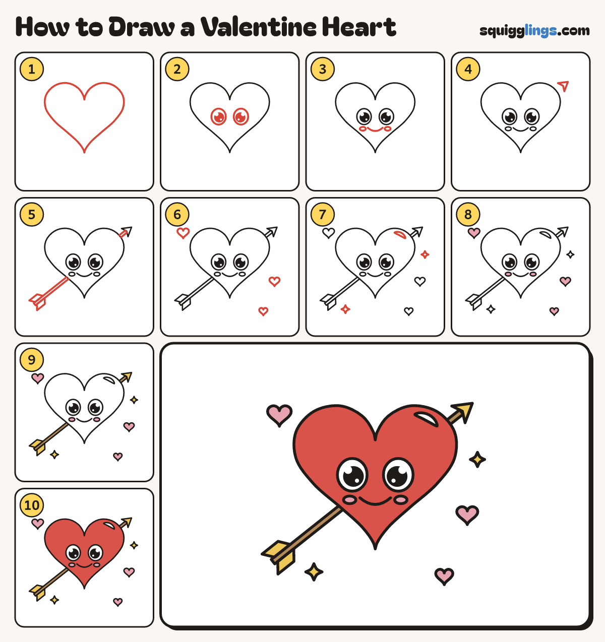 How to Draw a Valentine Heart step by step: all 10 steps in one picture