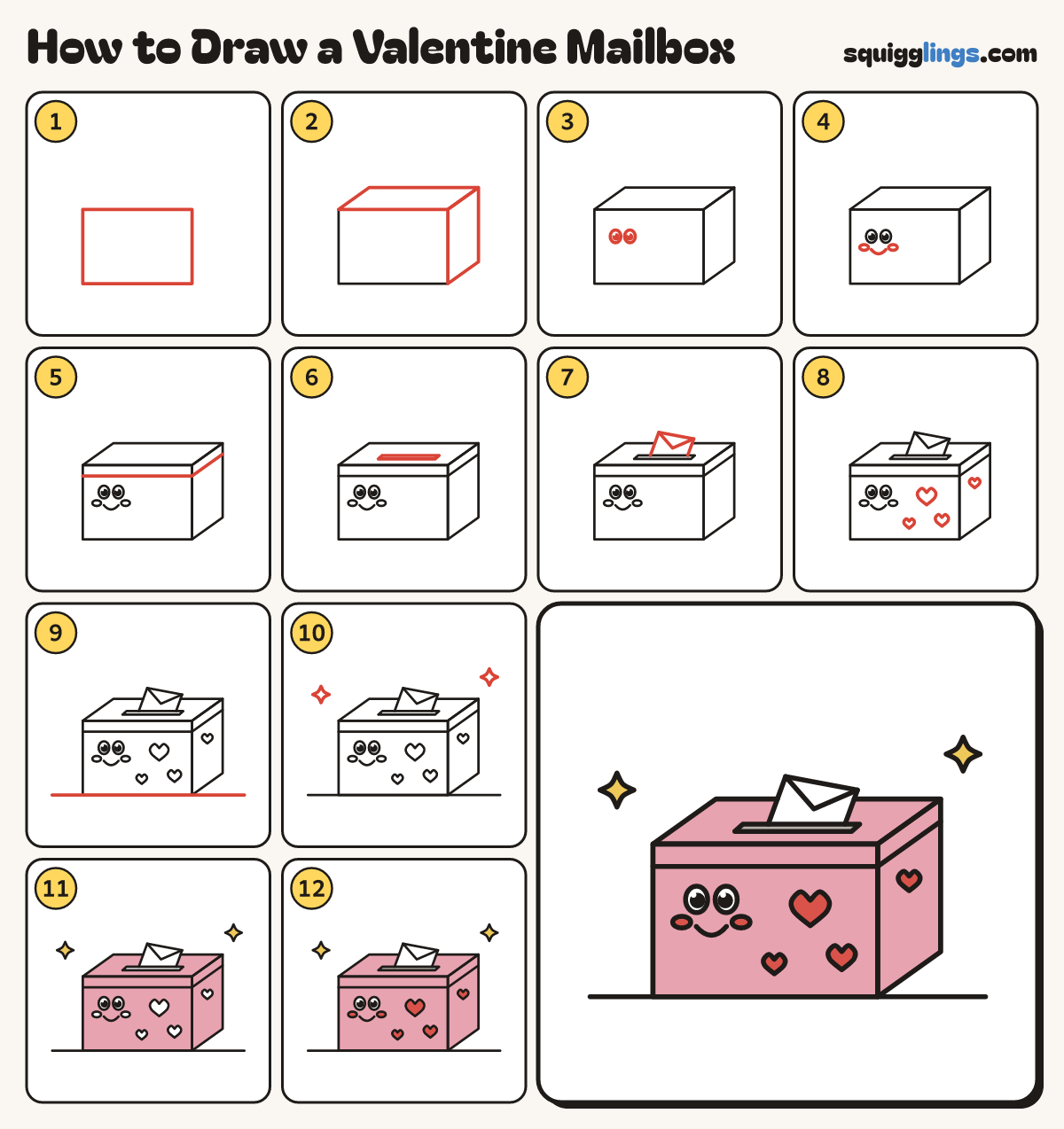 How to Draw a Valentine Mailbox step by step: all 12 steps in one picture
