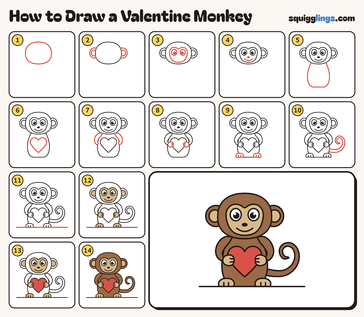 How to Draw a Valentine Monkey step by step: all 14 steps in one picture