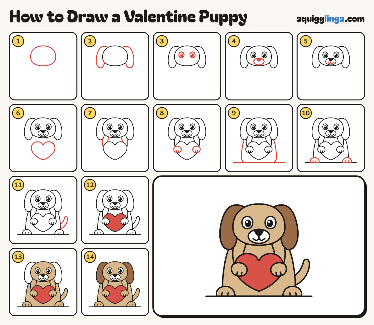 How to Draw a Valentine Puppy step by step: all 14 steps in one picture