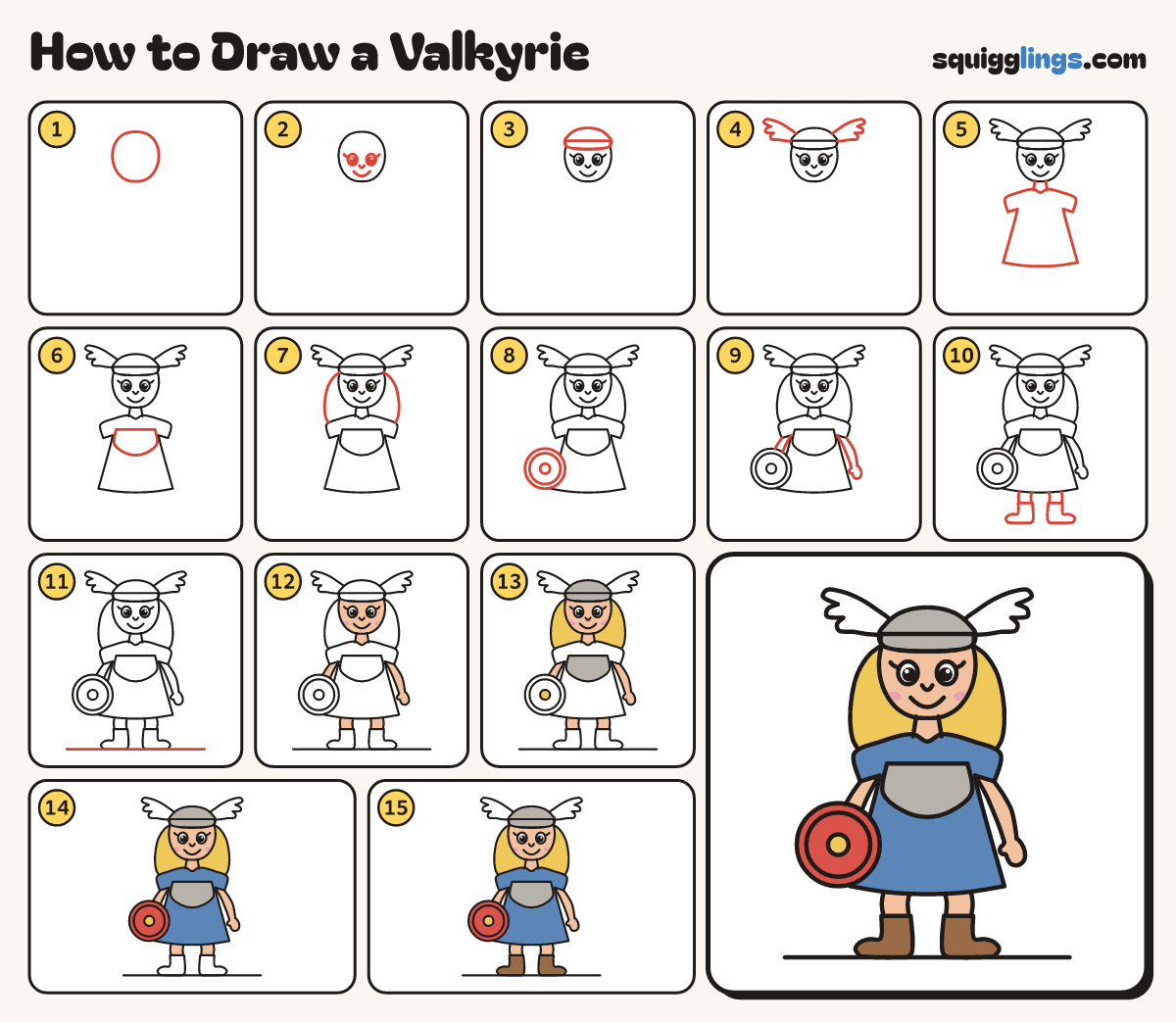 How to Draw a Valkyrie step by step: all 15 steps in one picture