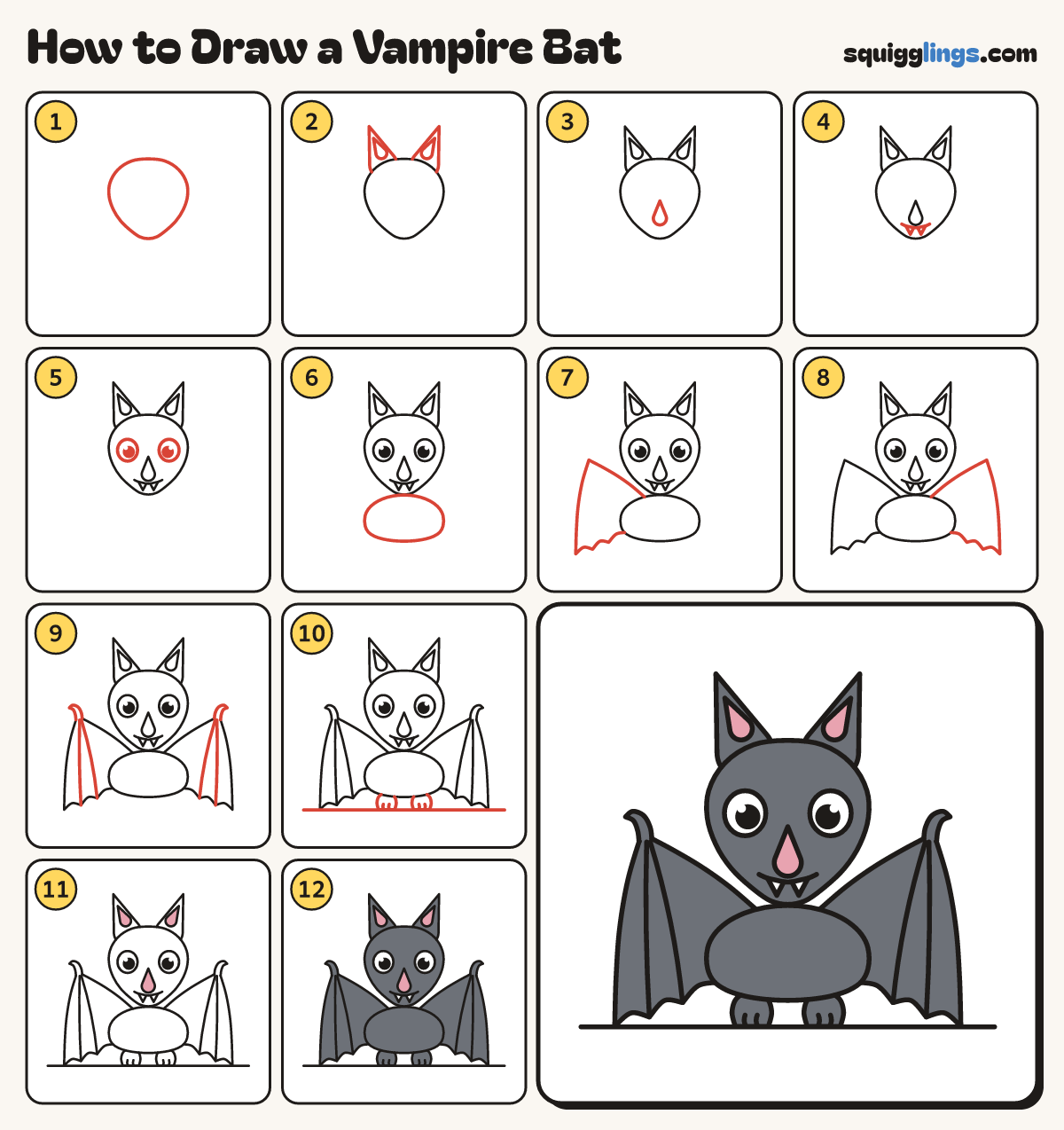 How to Draw a Vampire Bat step by step: all 12 steps in one picture