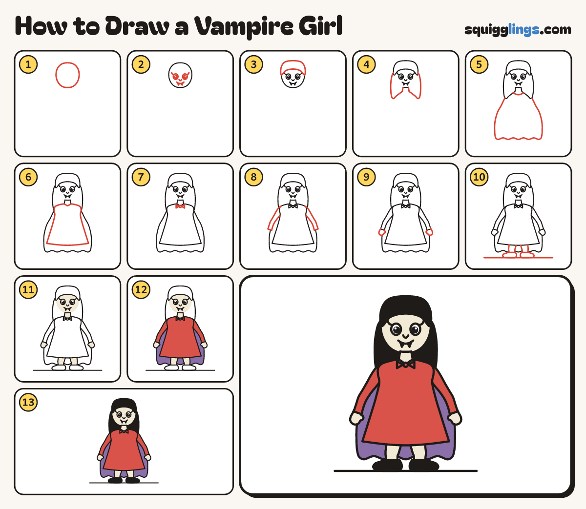 How to Draw a Vampire Girl step by step: all 13 steps in one picture