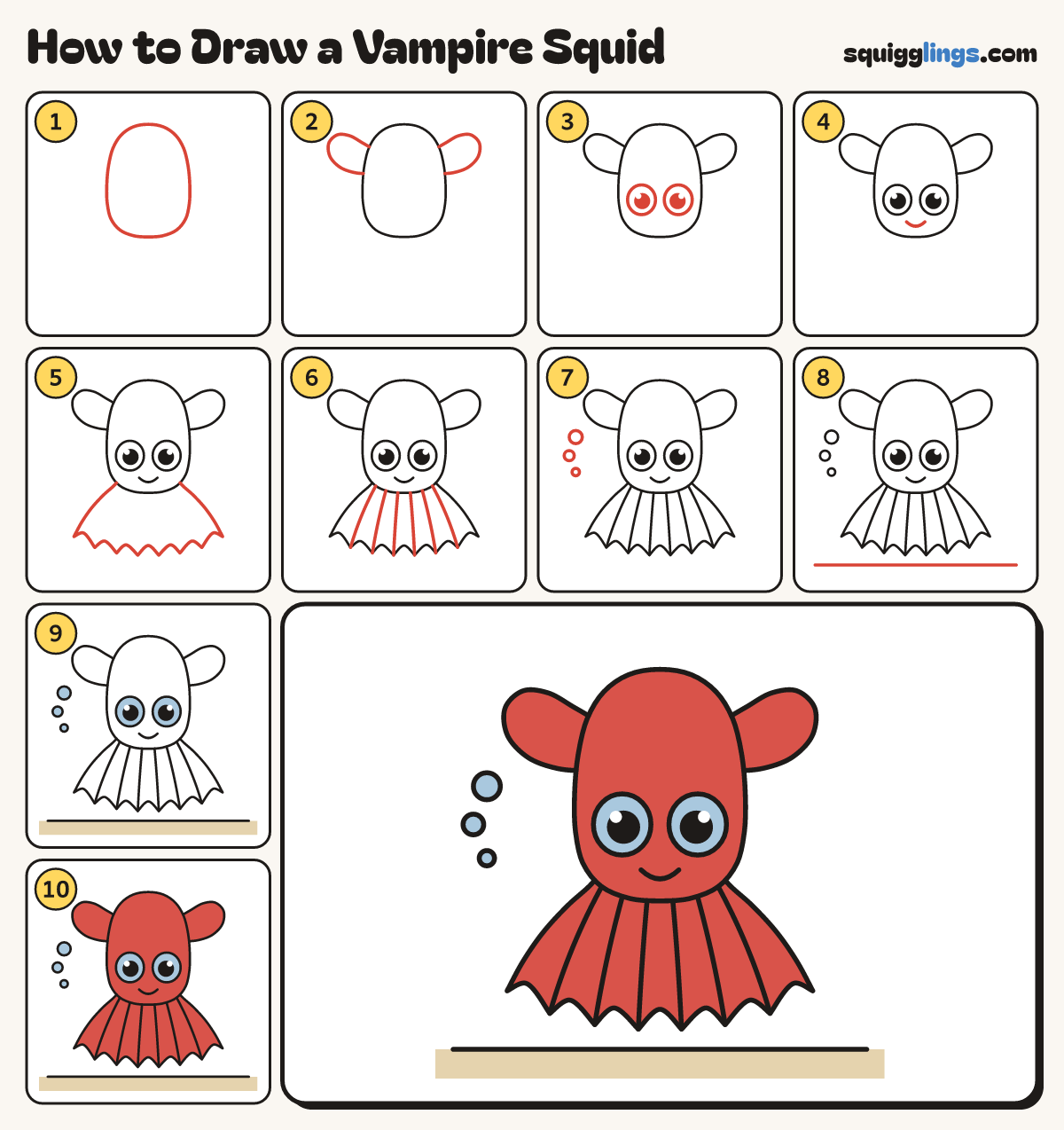 How to Draw a Vampire Squid step by step: all 10 steps in one picture
