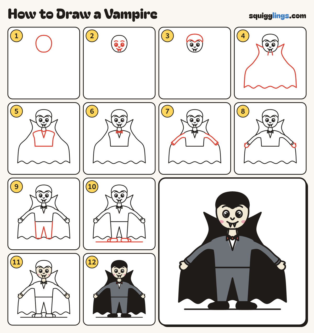 How to Draw a Vampire step by step: all 12 steps in one picture
