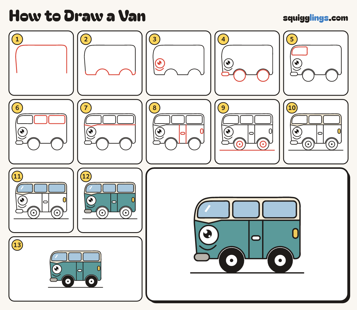 How to Draw a Van step by step: all 13 steps in one picture