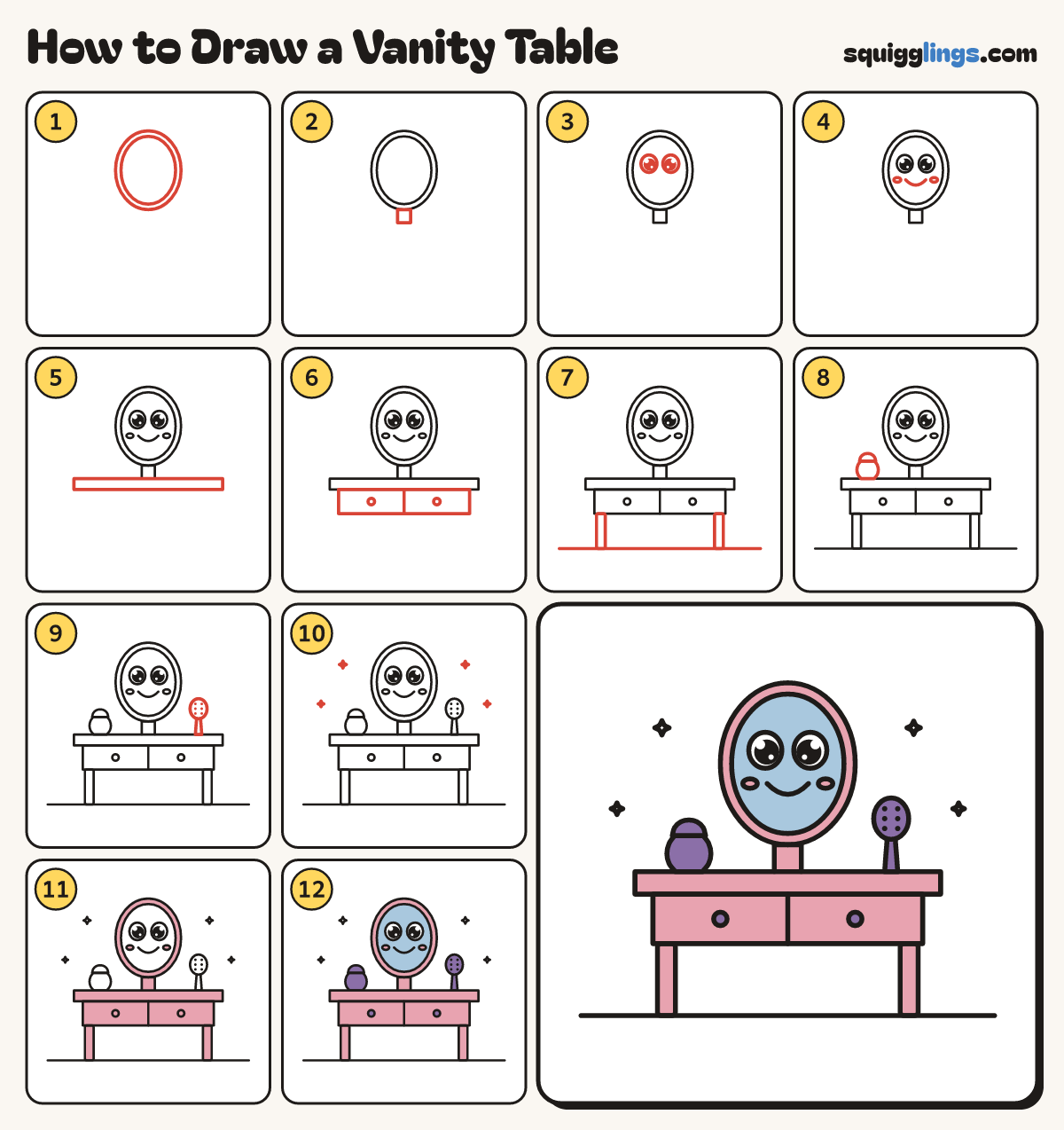 How to Draw a Vanity Table step by step: all 12 steps in one picture